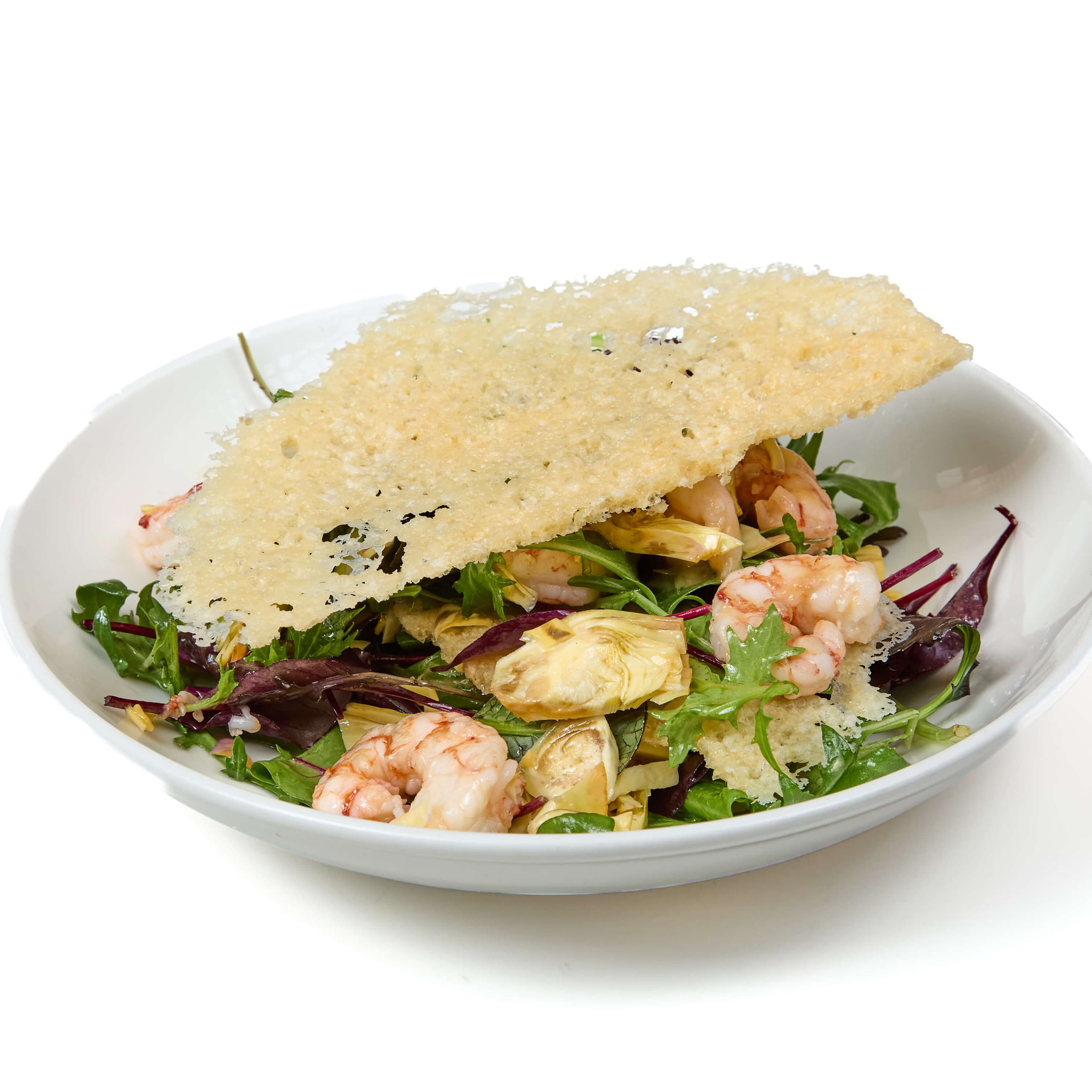 Millefeuille croustillant au parmesan, crevettes et artichaut - Menu item