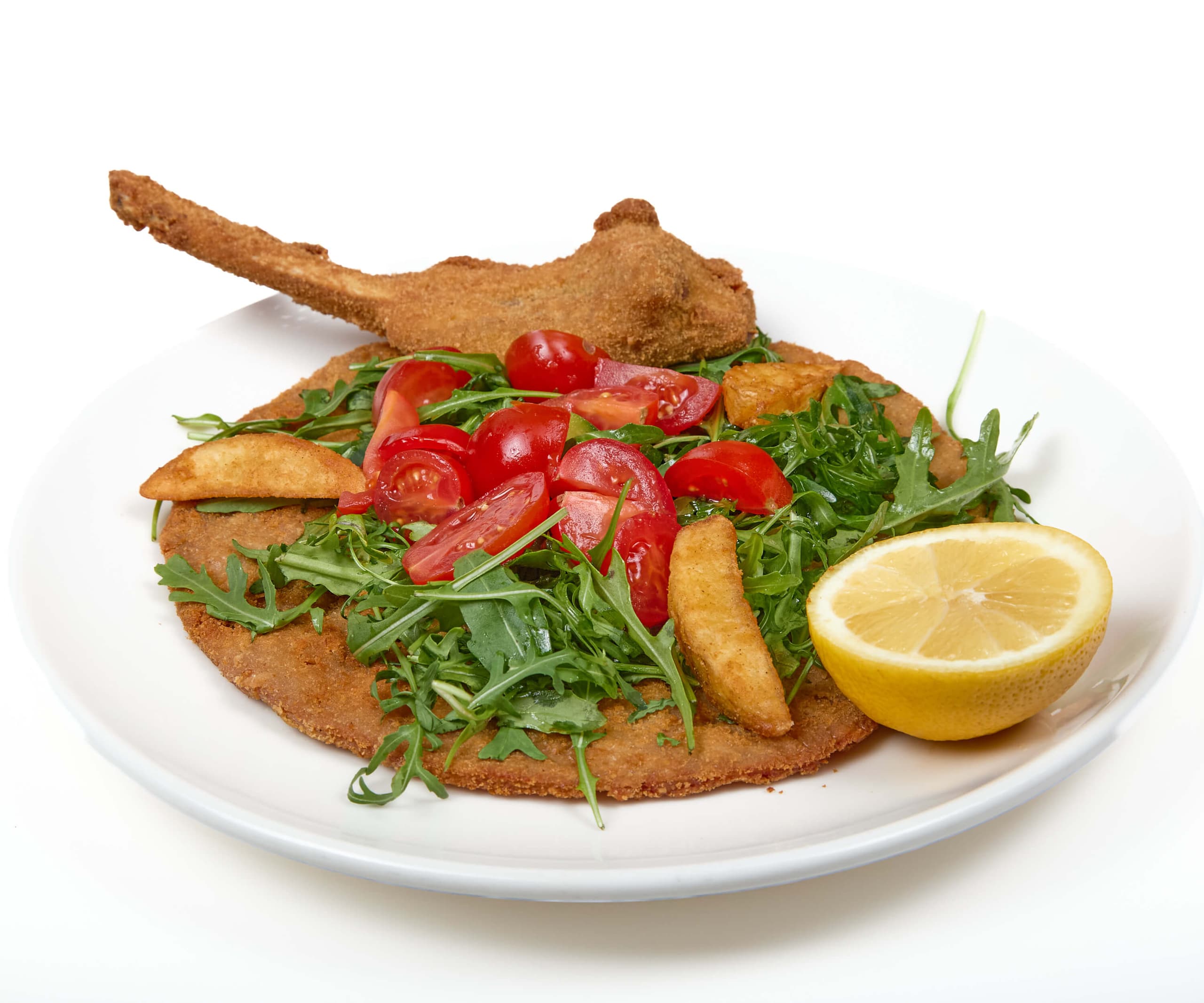 Côte de veau à la Milanaise, roquette, tomates cerises et pommes de terre au four - Menu item